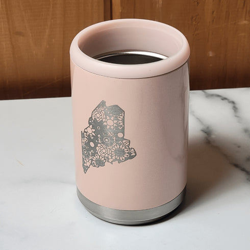 Maine Floral Engraved  Beer Can Cooler- Peach Glitter
